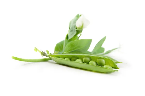 Zelenina zralého hrachu s zelená listová izolovaných na bílém pozadí — Stock fotografie