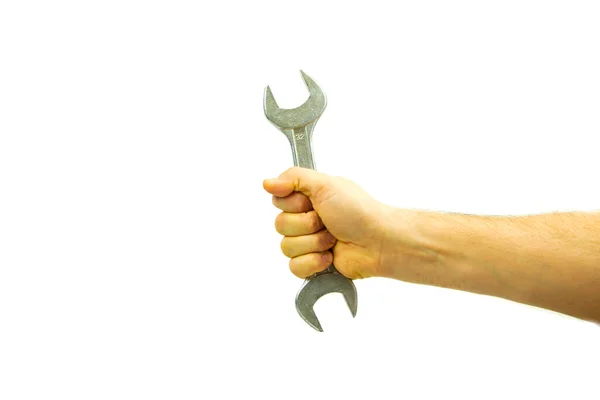 Εργαλείο Επισκευής Κλειδιών Κλειδιών Εργασίας Ανθρώπινο Χέρι Απομονωμένο Λευκό Φόντο — Φωτογραφία Αρχείου