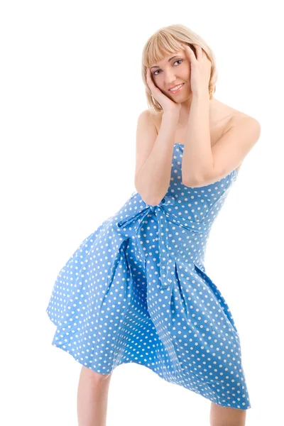 Танцующая девушка в синем платье — стоковое фото