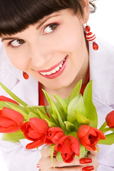 Girl with bouquet of tulips — Stock Photo, Image