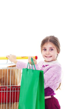 küçük kız alışveriş sepeti ve renkli Çantalar alışveriş ile