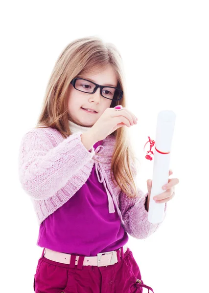 Little girl opening gift — Stock Photo, Image