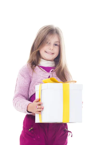 Happy little girl with gift box — Stock Photo, Image