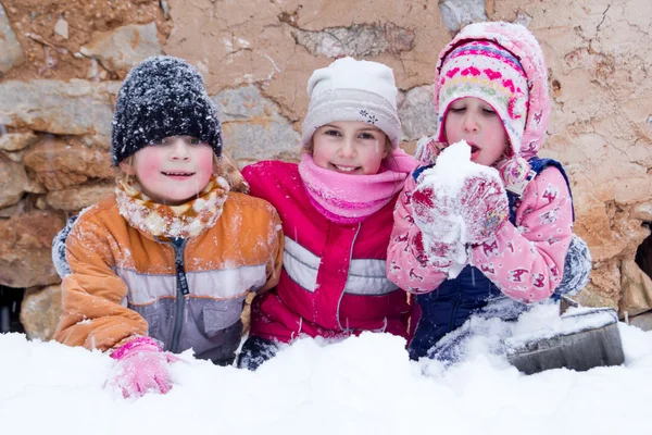 De gelukkige kinderen in de sneeuw — Stockfoto