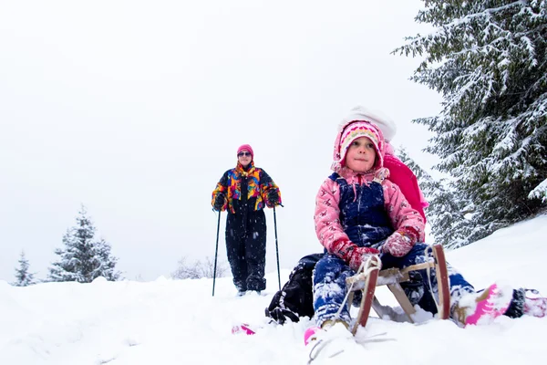 Two little girls enjoy in snow - sitting on a sled — Stock Photo, Image