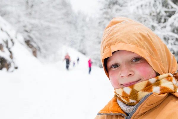 雪に覆われた森の小さな女の子 spenting 素敵な時間 — ストック写真