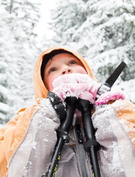 Μικρό κορίτσι spenting μια ωραία στιγμή στο χιονισμένο δάσος — Φωτογραφία Αρχείου