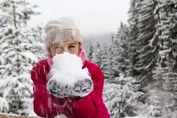 Weinig meisje spenting een leuke tijd in besneeuwde bos — Stockfoto