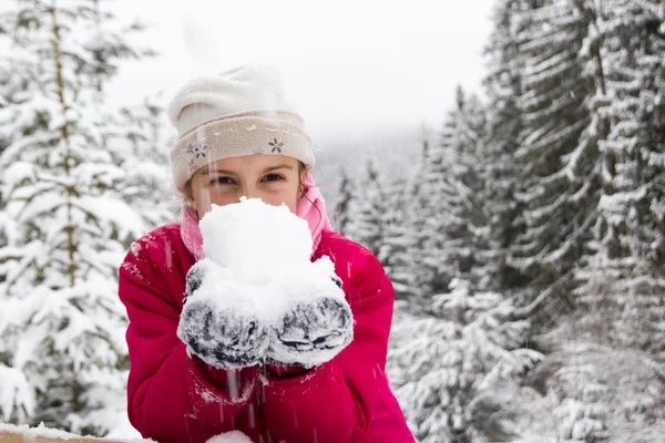 Liten flicka spenting en trevlig tid i snöiga skogen — Stockfoto