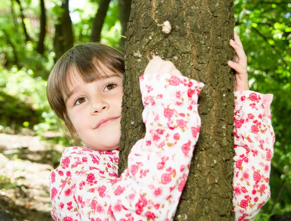 Kleines süßes Mädchen, das einen Baum im Wald umarmt — Stockfoto