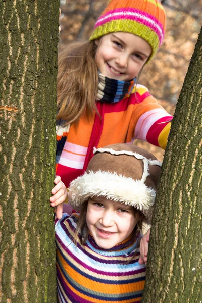Two little sister girls hug playing in the forest — Stock Photo, Image