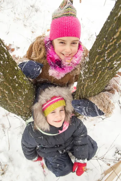 Dvě malé dívky baví v zimě — Stock fotografie