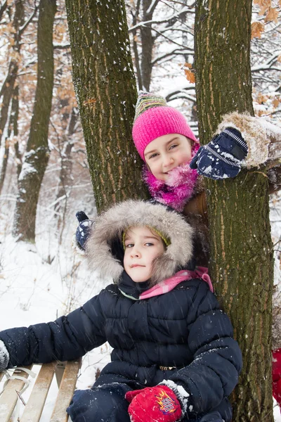Two little girls having fun in winter — Stock Photo, Image