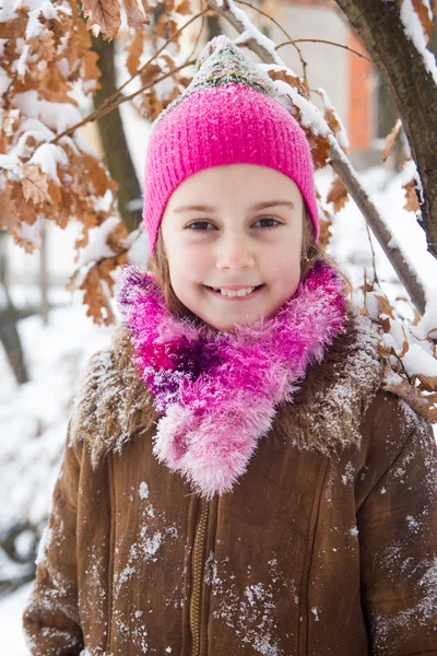 Happy little girl in warm winter hat — Stock Photo, Image