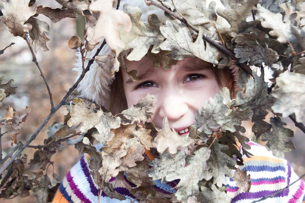 秋の森の小さな少女の肖像画 — ストック写真