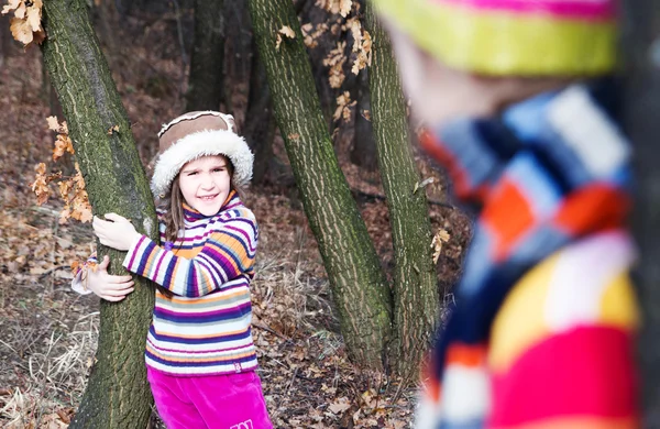 2 つのリトル シスター女の子抱擁と森で遊ぶ — ストック写真