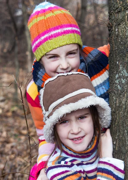 Two little sister girls hug playing in the forest — Stock Photo, Image