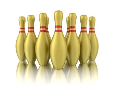 Beyaz arka plan üzerinde izole on altın bowling pin