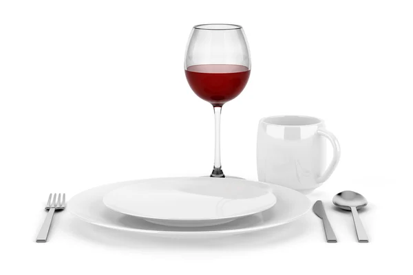 Накрытие стола с бокалом красного вина на белом фоне — стоковое фото