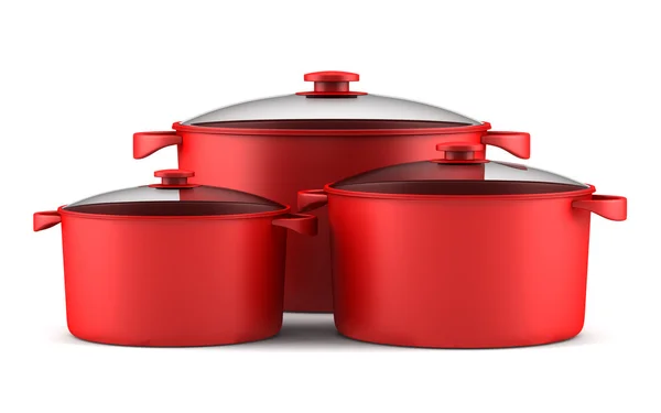 Three red cooking pans isolated on white background — Stock Photo, Image