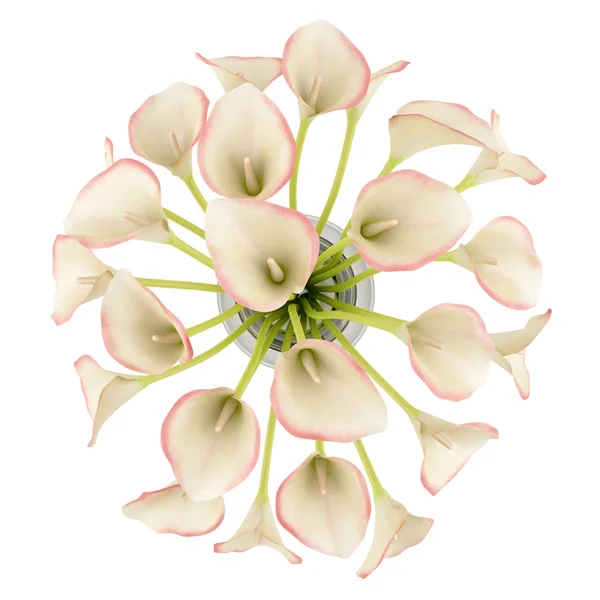 顶视图的孤立在白色背景上的玻璃花瓶马蹄莲百合花束 — 图库照片