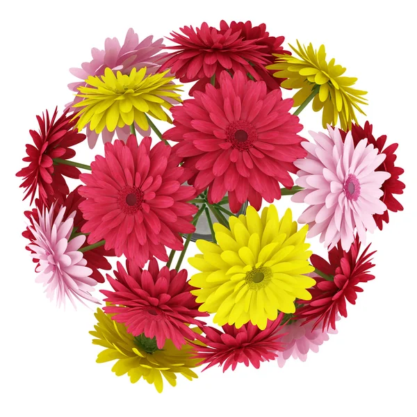 Top view bouquet of yellow red and pink flowers isolated on white background — Stock Photo, Image