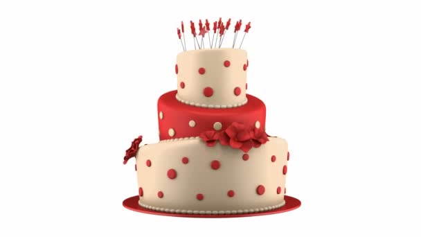 Grande rotonda rosso e giallo anello torta ruotare su sfondo bianco — Video Stock