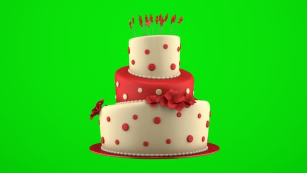 Big round red and yellow cake loop rotate on green chromakey background — Wideo stockowe