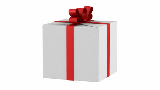 boîte cadeau avec ruban rouge et boucle papillon tournent fond blanc 