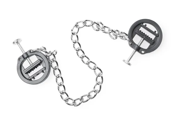 Black fetish nipple clamps with chain isolated on white backgrou — Stock Photo, Image