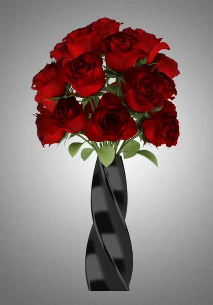 Bouquet of red roses in black vase isolated on gray background — Stock Photo, Image