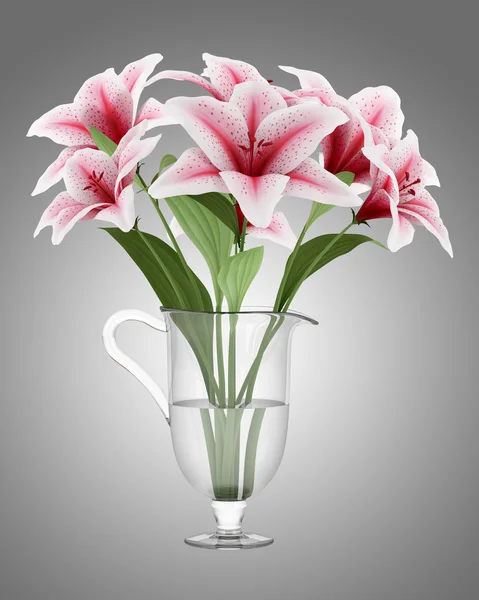 Kytice růžových lilií v váza izolovaných na šedém pozadí — Stock fotografie