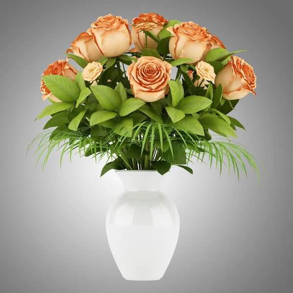 灰色の背景で隔離の花瓶のオレンジ色のバラの花束 — ストック写真
