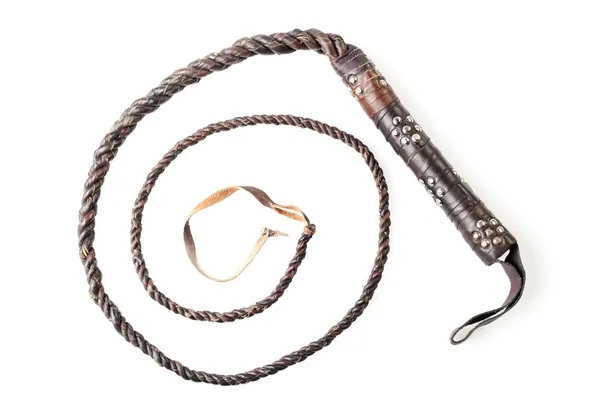 Brown leather whip isolated on white background — Stock Photo, Image