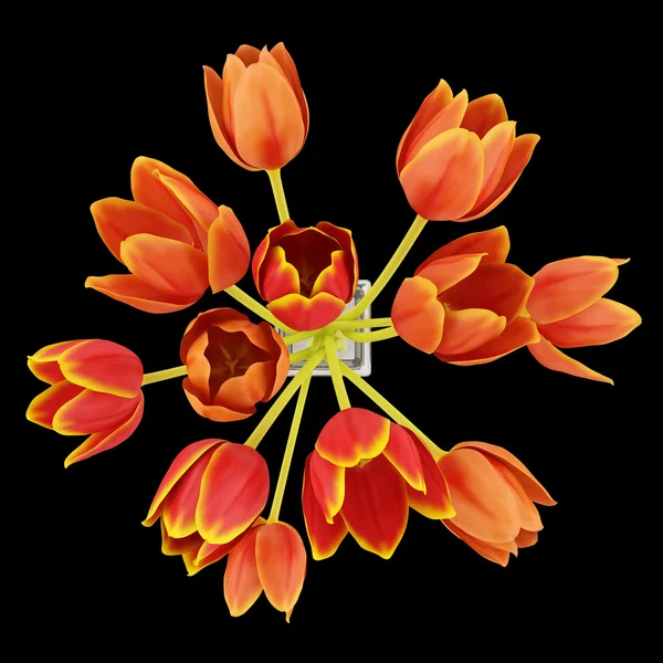 Top view bouquet of orange tulips in vase isolated on black background — Stock Photo, Image