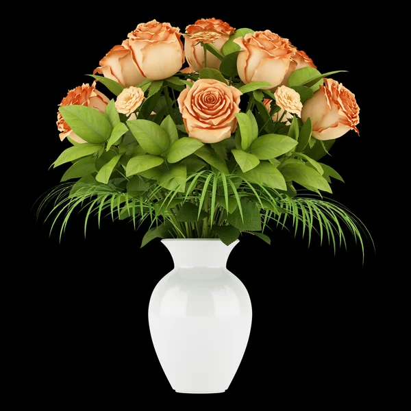 黒の背景に分離された花瓶のオレンジ色のバラの花束 — ストック写真
