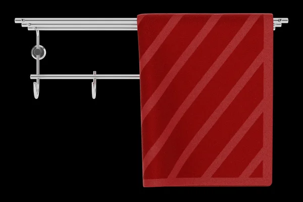 Asciugamano rosso su appendino isolato su sfondo nero — Foto Stock