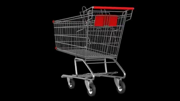 Vacío carrito de compras bucle girar sobre fondo negro — Vídeos de Stock