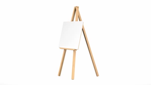 Wooden easel with blank canvas loop rotate on white background — Stock Video