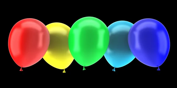 Pět různobarevných nafukovacích balónků izolovaných na černém pozadí — Stock fotografie