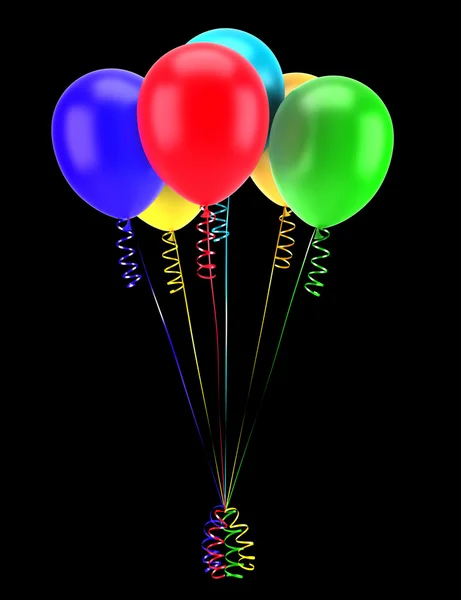 Multicolored party balloons with ribbons isolated on black backg — Stock Photo, Image