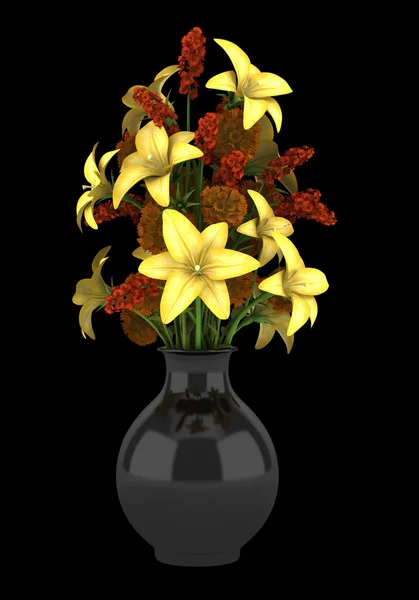 黒の背景に分離された花瓶に花の花束 — ストック写真