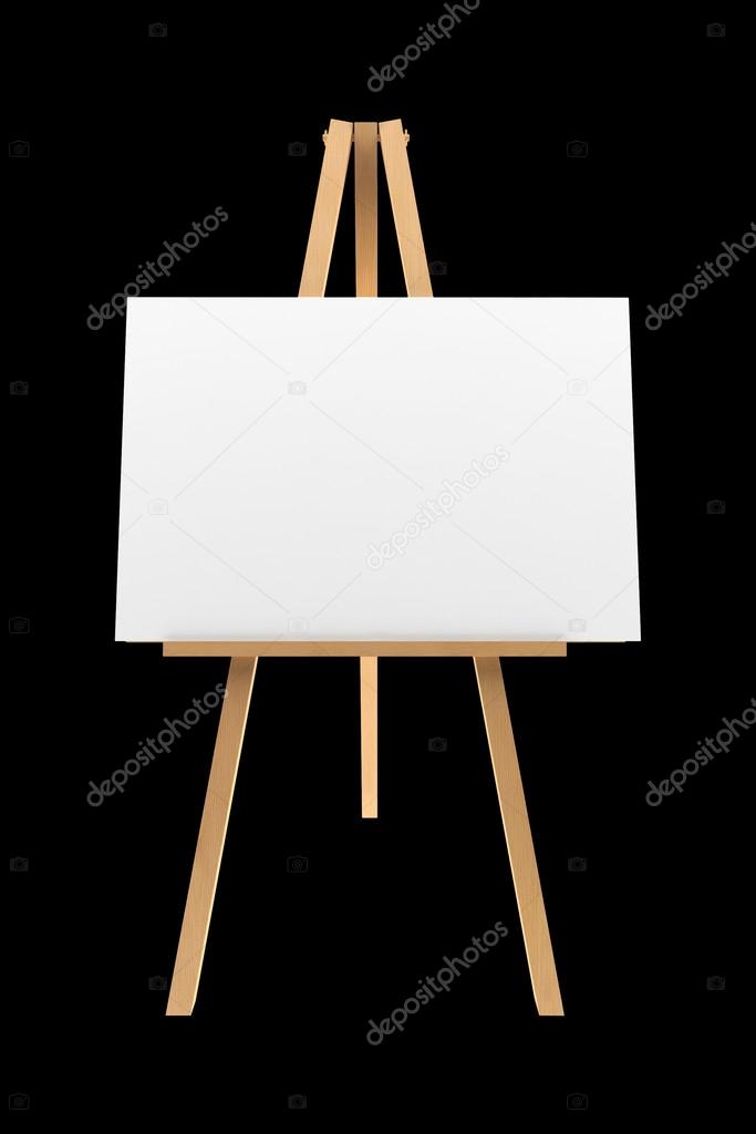 wooden easel with blank canvas isolated on black background