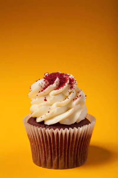 Chocolate cupcake with cream isolated on orange background with — Stock Photo, Image