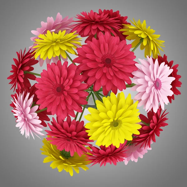 Bovenaanzicht boeket van gele rode en roze bloemen geïsoleerd op grijs — Stockfoto