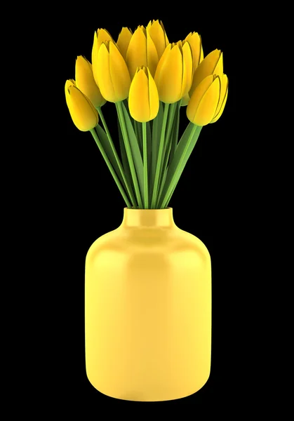 Bouquet of yellow tulips in vase isolated on black background — Stock Photo, Image