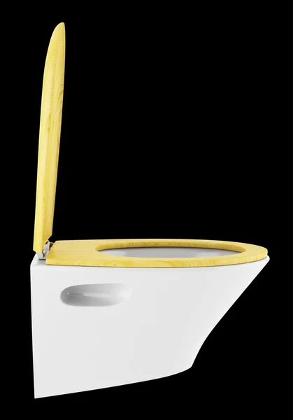 Único vaso sanitário moderno com tampa de madeira isolada em ba preto — Fotografia de Stock