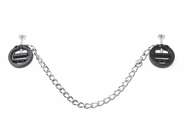 Black fetish nipple clamps with chain isolated on white backgrou — Stock Photo, Image