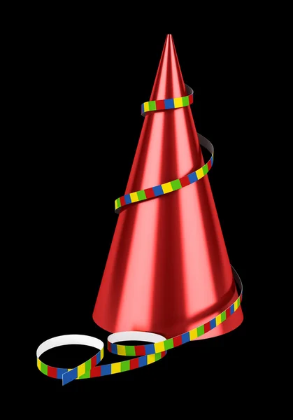 리본 블랙 backgrou에 고립 빨간 벗겨진된 생일 모자 — 스톡 사진