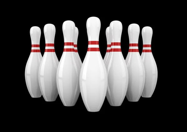 Ten bowling pins isolated on black background — Stock Photo, Image